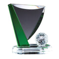 4-1/2" x 5-1/4" INCH GOLF FLAG & BALL OPTICAL CRYSTAL AWARD WITH GREEN ACCENTS & BEVELED EDGES