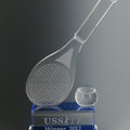 4-1/4 X 10 INCH CRYSTAL TENNIS RACQUET AND BALL ON BLUE BASE TROPHY