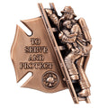 4-1/4" x 5-1/2" FIREMAN LADDER WITH CHILD AND SHIELD ANTIQUE BRASS DIE CAST PLAQUE MOUNT