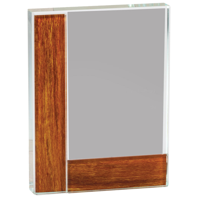 4-1/4 x 5-3/4 RECTANGULAR OPTICAL CRYSTAL AWARD WITH WOOD EDGE