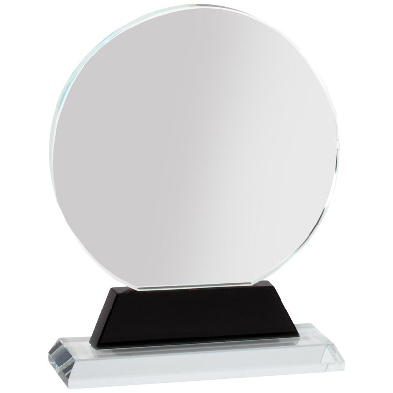 4-1/4 x 6-1/4 INCH ROUND OPTICAL CRYSTAL AWARD ON BLACK PEDESTAL
