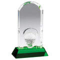 4-1/4" x 7" INCH ARCHED GOLF TOWER OPTICAL CRYSTAL AWARD WITH GOLF BALL ON GREEN BASE