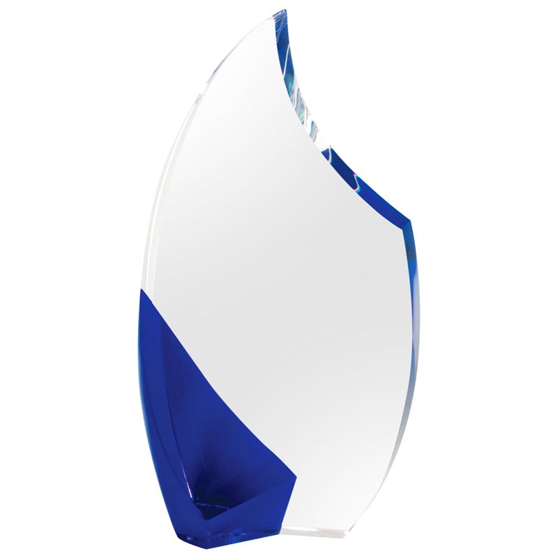 4-3/4 INCH OPTICAL CRYSTAL FLAME SHAPE AWARD WITH BLUE ACCENTS
