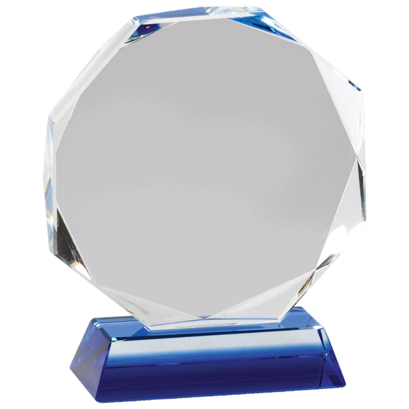 4-3/4 x 4 INCH OCTAGON OPTICAL CRYSTAL AWARD ON BLUE CRYSTAL BASE