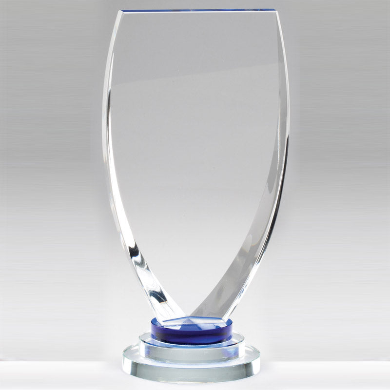 8-3/4 X 4-1/2 INCH OPTICAL CRYSTAL SHIELD AWARD WITH 3 RINGS BASE BLUE TINT