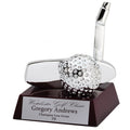 4 INCH GOLF PUTTER WITH BALL ELECTROPLATED BRIGHT SILVER ON ROSEWOOD BASE