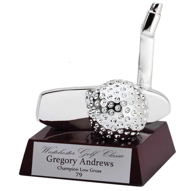 4 INCH GOLF PUTTER WITH BALL ELECTROPLATED BRIGHT SILVER ON ROSEWOOD BASE
