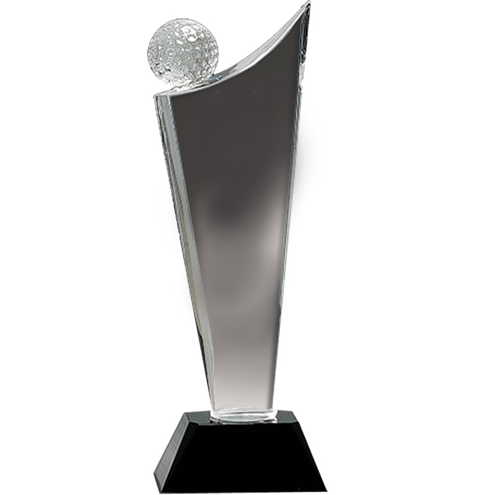 4 x 10-3/4 OPTICAL CRYSTAL GOLF TOWER WITH GOLF BALL ON BLACK BASE