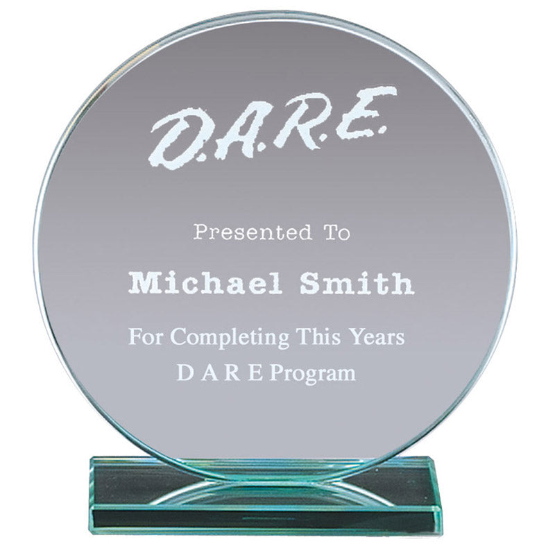 4 INCH x 4-1/2 INCH JADE GLASS CIRCLE AWARD ON BLUE OPTICAL GREEN BASE