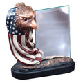 7 INCH ELECTROPLATED BRONZE EAGLE DRAPED FULL COLOR AMERICAN FLAG WITH 4 X 6 INCH GLASS TROPHY