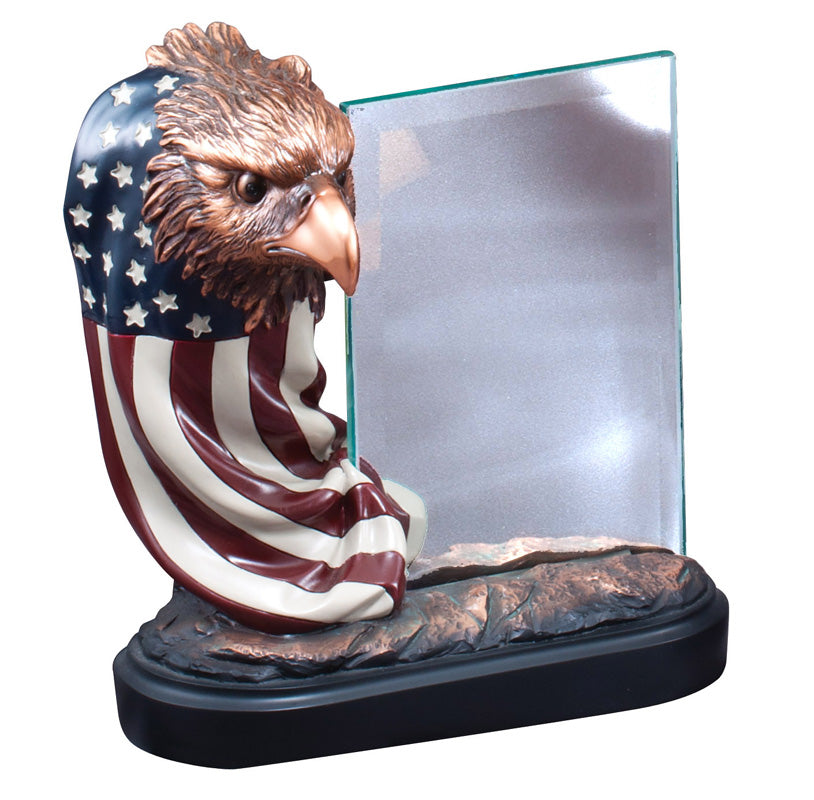 7 INCH ELECTROPLATED BRONZE EAGLE DRAPED FULL COLOR AMERICAN FLAG WITH 4 X 6 INCH GLASS TROPHY