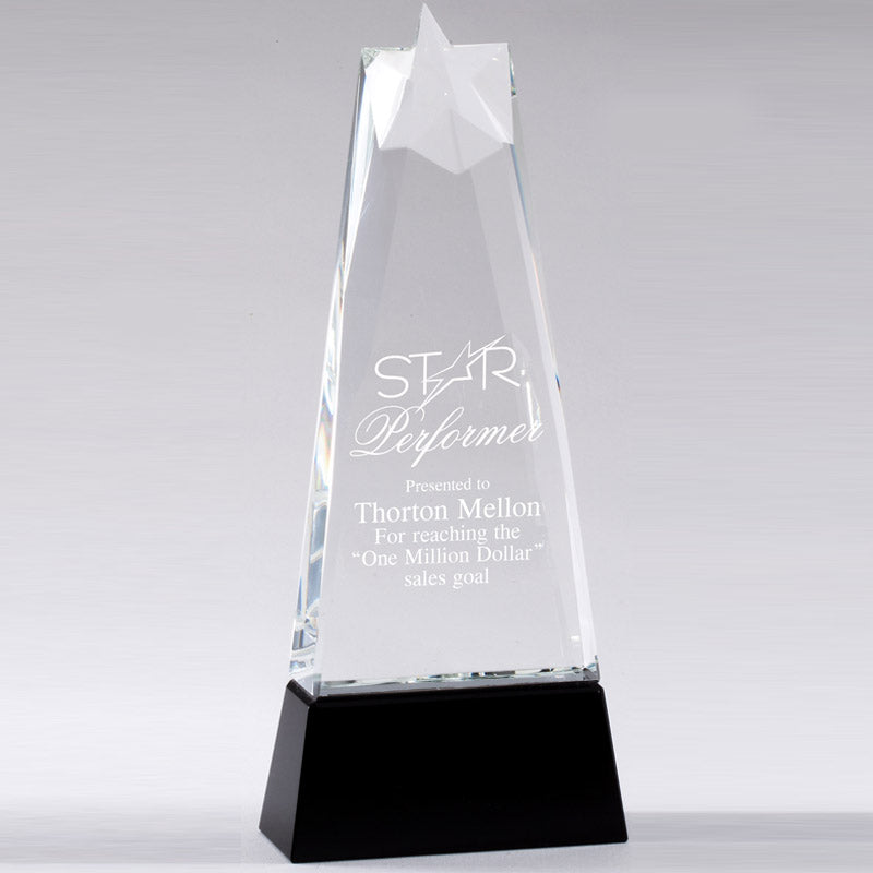 9-3/4 X 4 INCH OPTICAL CRYSTAL STAR TOWER AWARD BLACK CRYSTAL REFLECTIVE BASE