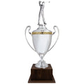 40 INCH HAND CRAFTED SILVER PLATED ITALIAN TROPHY CUP WITH MALE GOLF FIGURE ON WALNUT BASE
