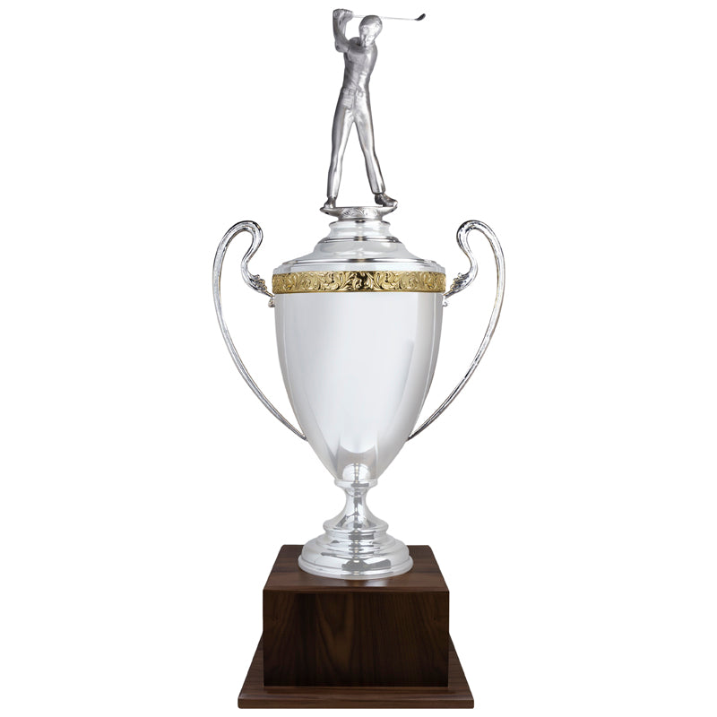 40 INCH HAND CRAFTED SILVER PLATED ITALIAN TROPHY CUP WITH MALE GOLF FIGURE ON WALNUT BASE