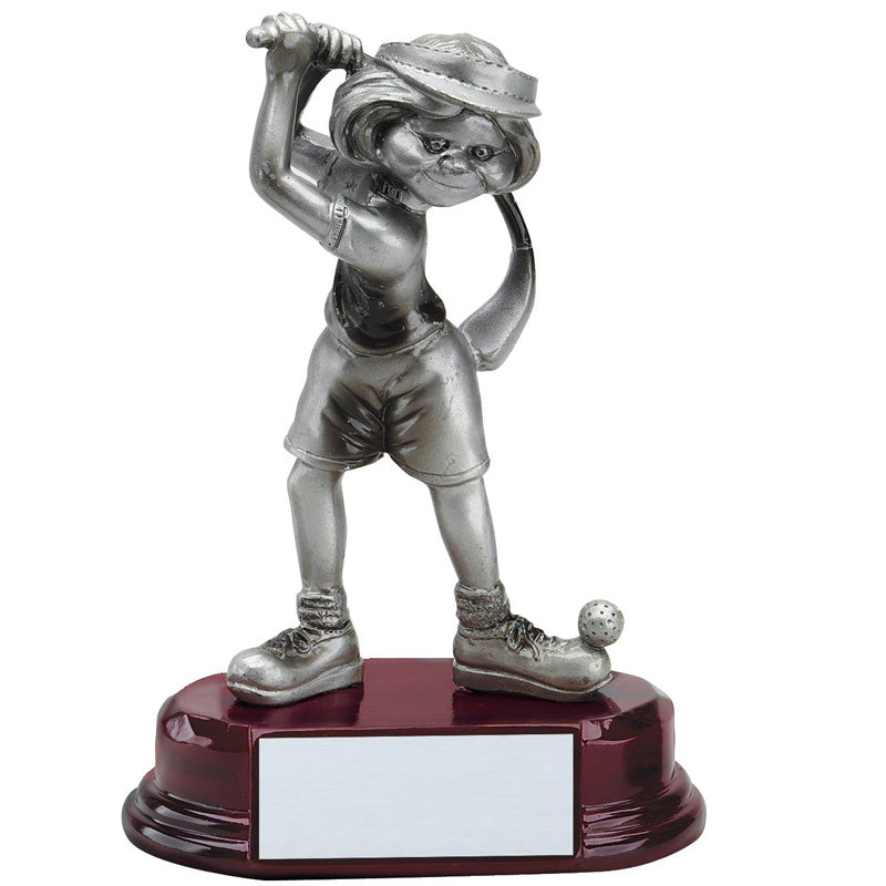 5-1/2 INCH COMIC FEMALE GOLF HIT AND SWING RESIN ANTIQUE PEWTER FINISH
