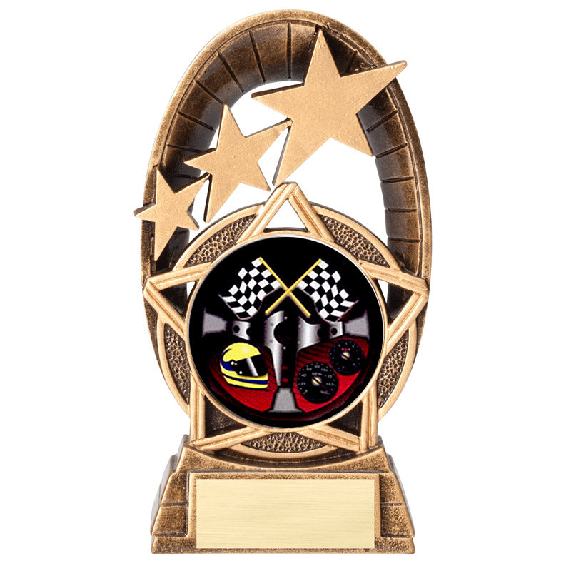 5-1/2 INCH GOLD STAR RESIN AUTO RACER TROPHY FULL COLOR INSERT