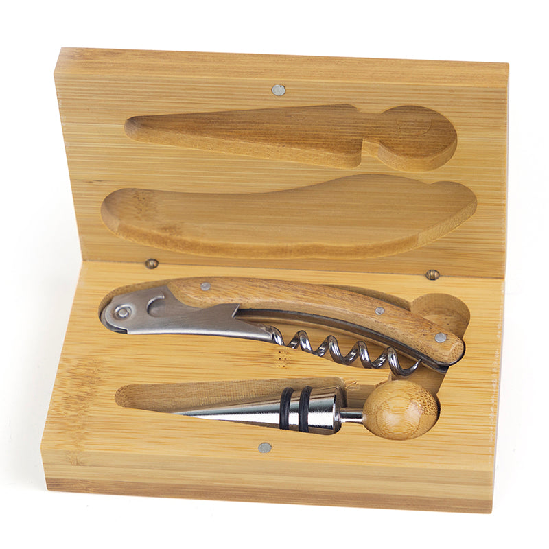 5-1/2 INCH BAMBOO WOOD TWO PIECE WINE TOOL KIT