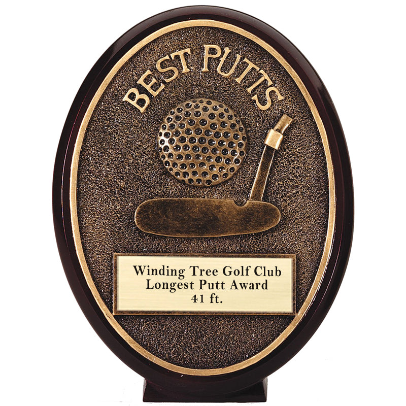 5-1/2 INCH OVAL BEST PUTT GOLF AWARD ANTIQUE GOLD RESIN FINISH WITH GOLD ENGRAVING PLATE