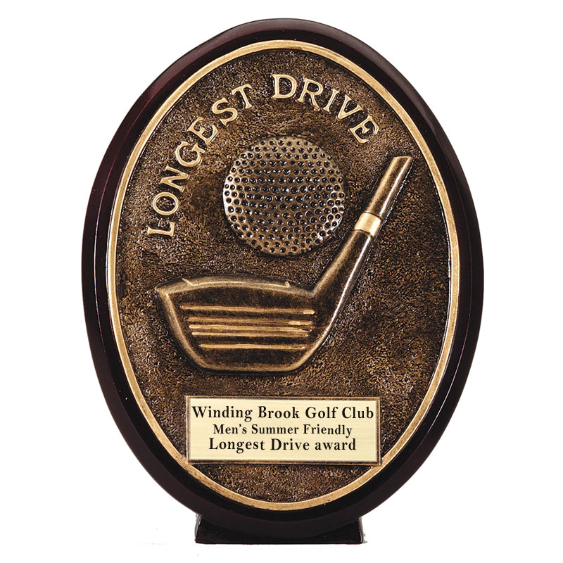 5-1/2 INCH OVAL GOLF BALL AND CLUB LONGEST DRIVE AWARD ANTIQUE GOLD