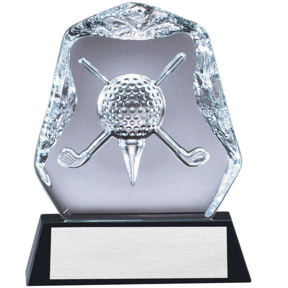 5-1/2 x 7 IN OPTICAL CRYSTAL GOLF AWARD DEEP ETCHED GOLF BALL CLUBS