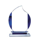 5-1/2 INCH x 8 INCH GLASS FLAME AWARD WITH BLUE ACCENTS ON DOUBLE BASE