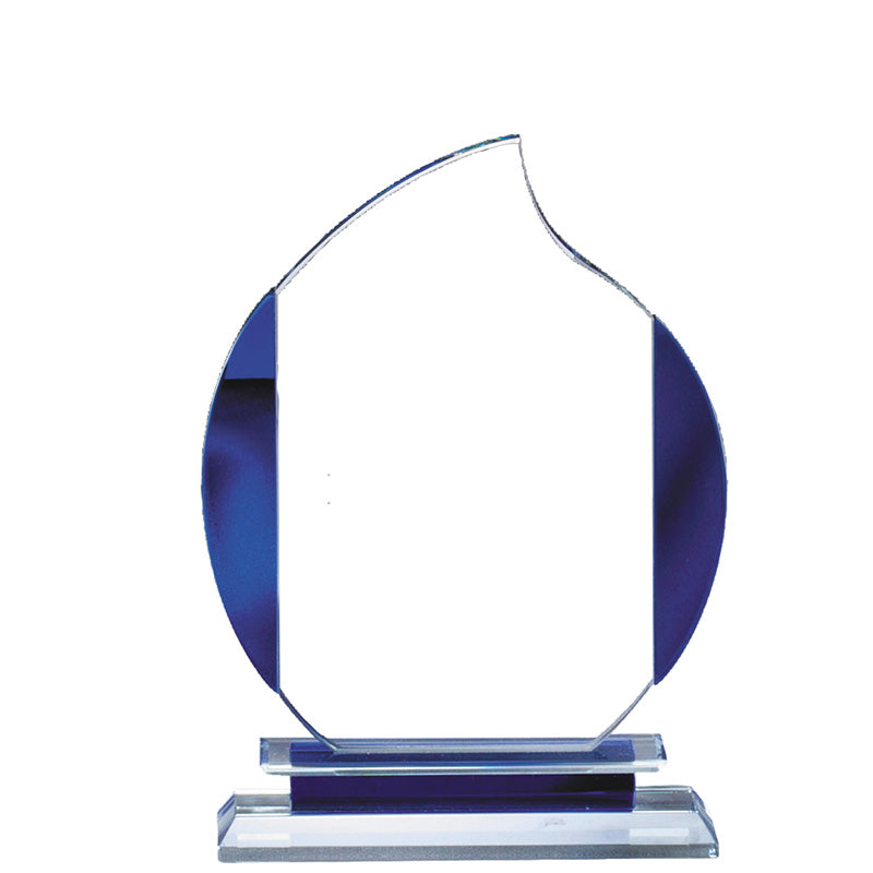 5-1/2 INCH x 8 INCH GLASS FLAME AWARD WITH BLUE ACCENTS ON DOUBLE BASE