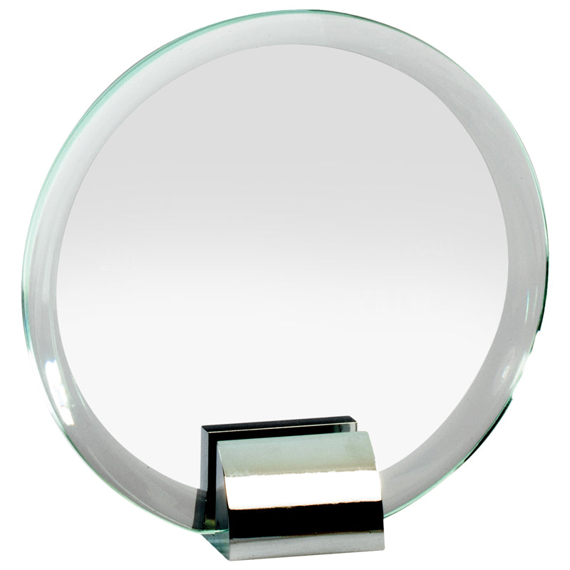 5-1/4 INCH OPTICAL CRYSTAL CIRCLE AWARD ON POLISHED SILVER METAL BASE