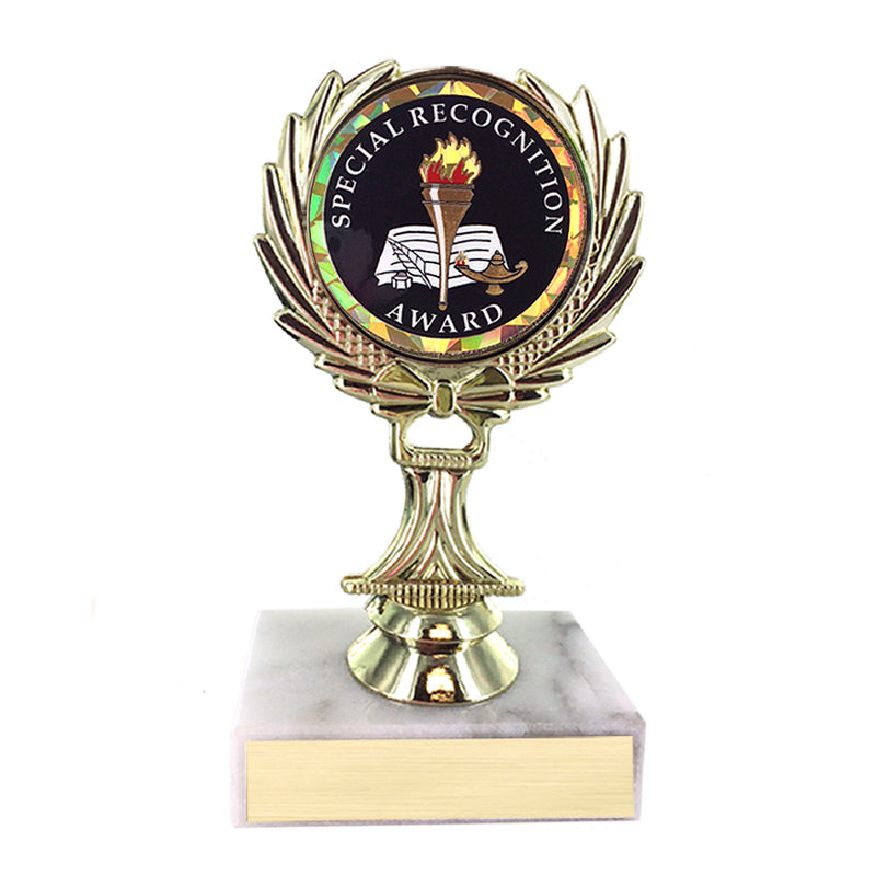 5-1/4 INCH TROPHY RISE WITH 2 INCH MYLAR SPECIAL RECOGNITION INSERT