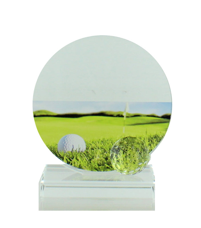 5-1/4 X 4-3/4 INCH GLASS GOLF TROPHY WITH BALL AND COLOR PRINTED GOLF IMAGE