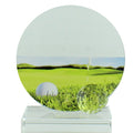 5-3/4 X 5-1/2 INCH GLASS GOLF TROPHY WITH BALL AND COLOR PRINTED GOLF IMAGE