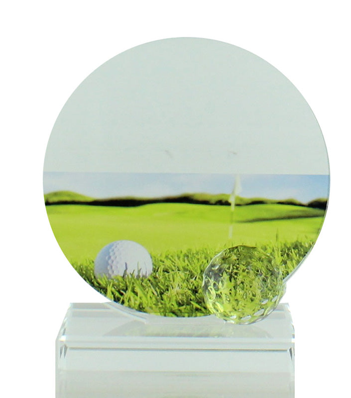 5-3/4 X 5-1/2 INCH GLASS GOLF TROPHY WITH BALL AND COLOR PRINTED GOLF IMAGE