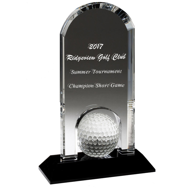 5-3/4" x 9" ARCH GOLF AWARD OPTICAL CRYSTAL WITH GOLF BALL ON BLACK CRYSTAL BASE