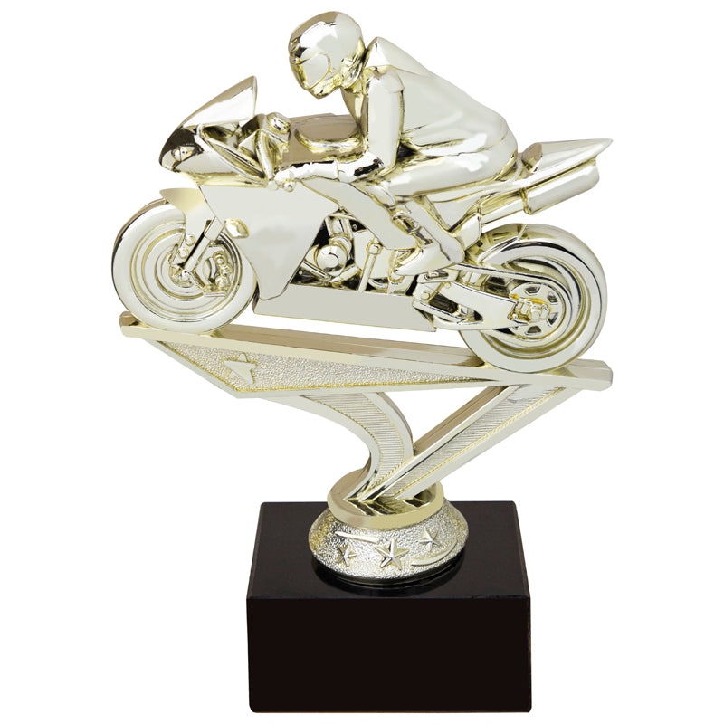 5 INCH RACING MOTORCYCLE GOLD FIGURE ON BLACK MARBLE BASE
