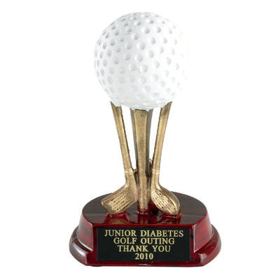 5 INCH RESIN GOLF BALL ON CLUBS TROPHY