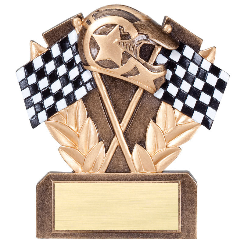 5 INCH RACING CHECKERED FLAG TROPHY ANTIQUE GOLD FINISH