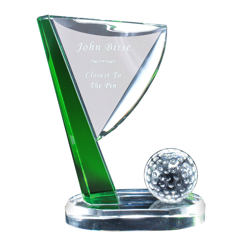 5" x 6-1/4" INCH GOLF FLAG & BALL OPTICAL CRYSTAL AWARD WITH GREEN ACCENTS & BEVELED EDGES