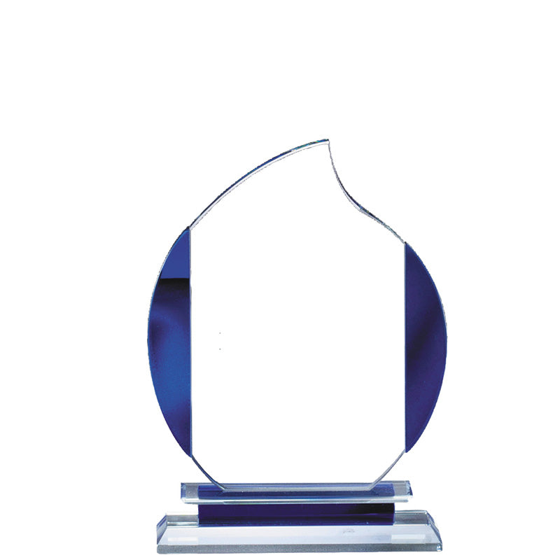 5 INCH x 7 INCH GLASS FLAME AWARD WITH BLUE ACCENTS ON DOUBLE BASE