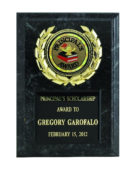 5 X 7 INCH SIMULATED BLACK MARBLE PLAQUE WITH BLACK PLATE, WREATH MEDALLION HOLDER TAKES INSERT