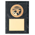 5 X 7 INCH SIMULATED BLACK MARBLE PLAQUE WITH GOLD PLATE, ROUND MEDALLION HOLDER TAKES INSERT