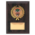 5 X 7 INCH SIMULATED WALNUT PLAQUE WITH GOLD PLATE, PLASTIC WREATH TAKES INSERT