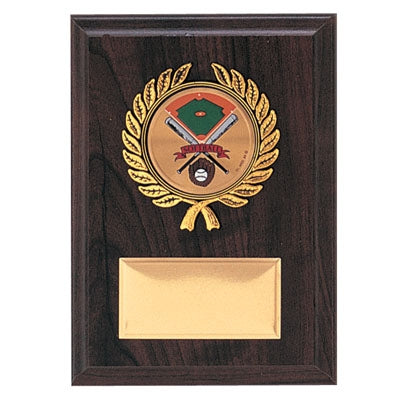 5 X 7 INCH SIMULATED WALNUT PLAQUE WITH GOLD PLATE, PLASTIC WREATH TAKES INSERT