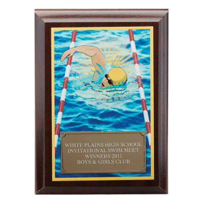 5 X 7 INCH SWIMMING DIGITAL PHOTO PLAQUE WITH GOLD ALUMINUM ENGRAVING PLATE