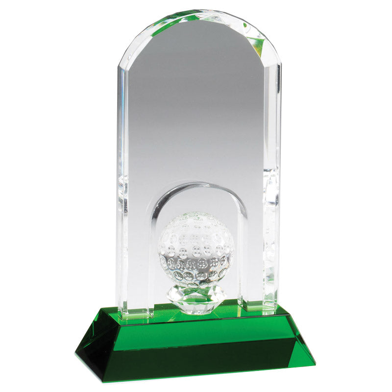 5" x 8-1/4" ARCHED GOLF TOWER OPTICAL CRYSTAL AWARD WITH GOLF BALL ON GREEN BASE