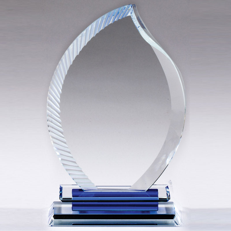 8 X 5 INCH OPTICAL CRYSTAL FLAME AWARD WITH SERRATED EDGE BLUE BASE