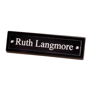Black Piano Finish Nameplate with Acrylic Engraving Plate, Two Silver 9 1/4" x 2 1/8" Posts
