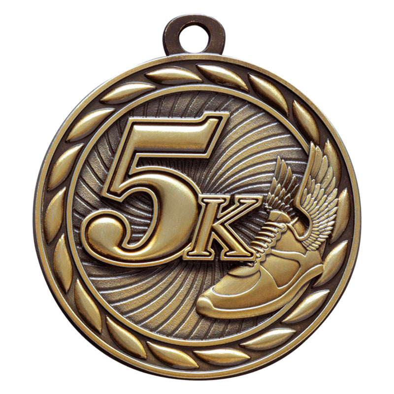 Metal 2-Inch in Diameter Round 5k Medal with Customizable Back in Antique Gold