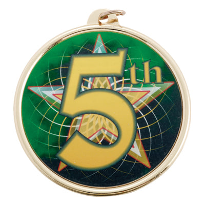 2-1/4 Inch in Diameter Round 5th Place Gold Medal with Mylar Front Detailing and Customizable Back