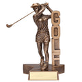 6-1/2 INCH FEMALE GOLF BILLBOARD TROPHY FOLLOW THROUGH SWING ANTIQUE GOLD PAINTED RESIN WITH GOLD PLATE
