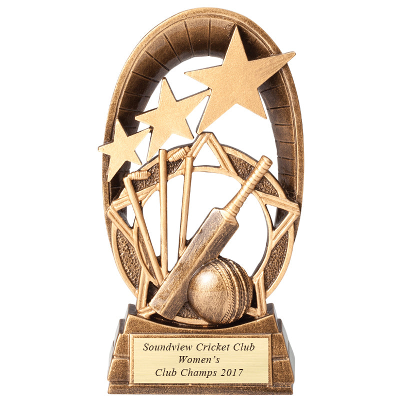 6-1/2 INCH GAME OF CRICKET TROPHY HAND PAINTED RESIN TROPHY, ANTIQUE GOLD WITH GOLD ENGRAVING PLATE