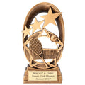 6-1/2 INCH GAME OF TENNIS TROPHY HAND PAINTED RESIN TROPHY, ANTIQUE GOLD WITH GOLD ENGRAVING PLATE